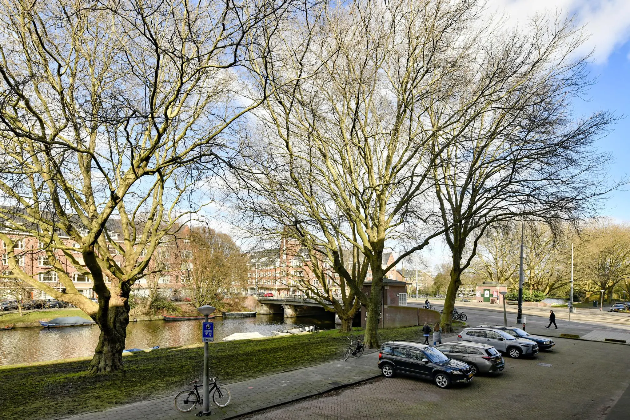 Straatbeeld van de Cornelis Dopperkade met geparkeerde auto's, bomen zonder bladeren en een brug over het water.